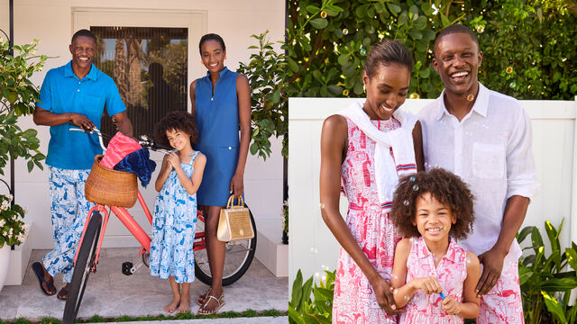 Images of a family dressed in matching red, white and blue outfits